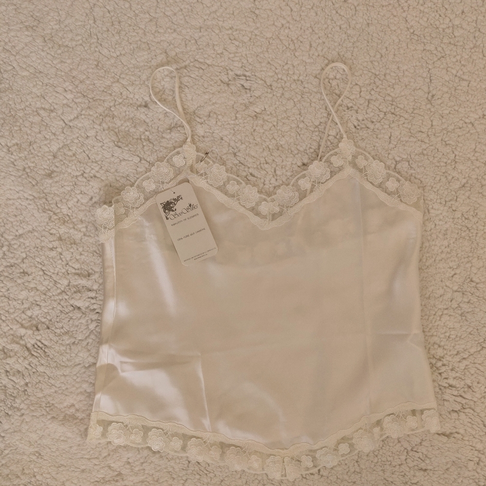 NWT Silk Pajama Set | Satin White Cami + Shorts with Lace - Picture 2 of 6